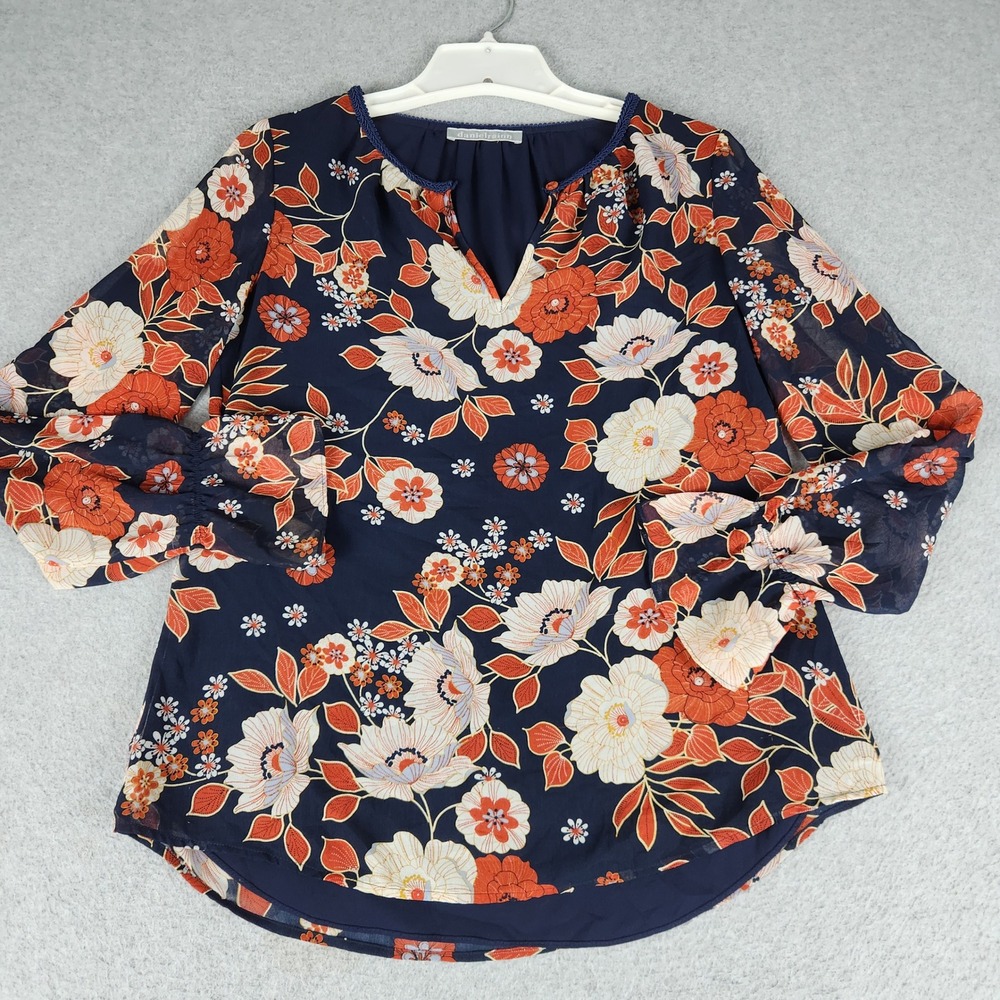 Daniel Rainn Blouse Womens Medium Navy Floral Boho Lined Split Neck Curved Hem